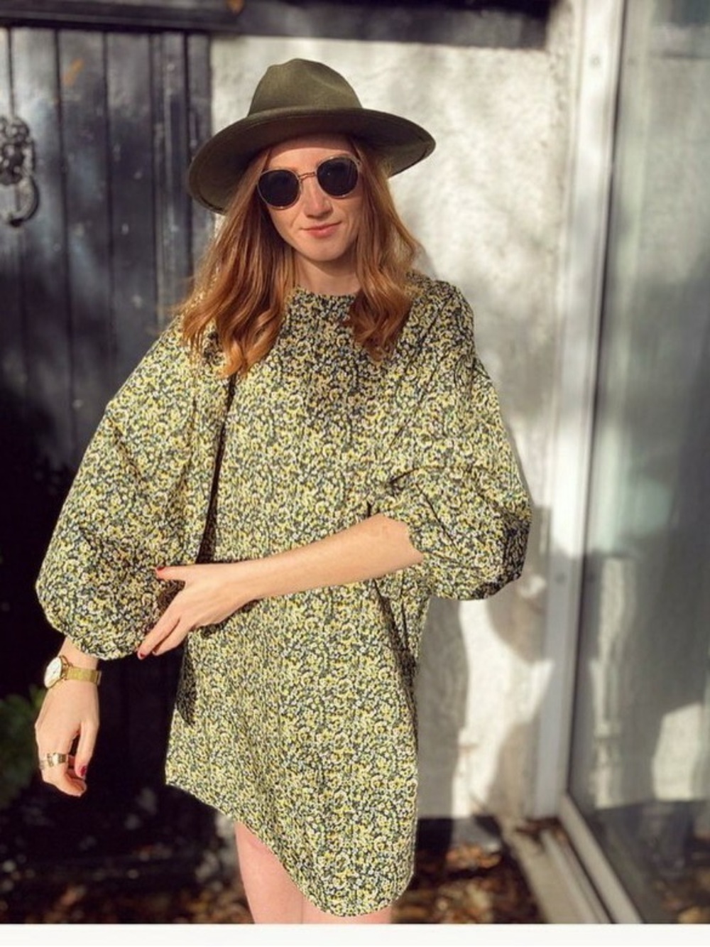 H&M Olive Green and Yellow Floral Puff Sleeve Dress